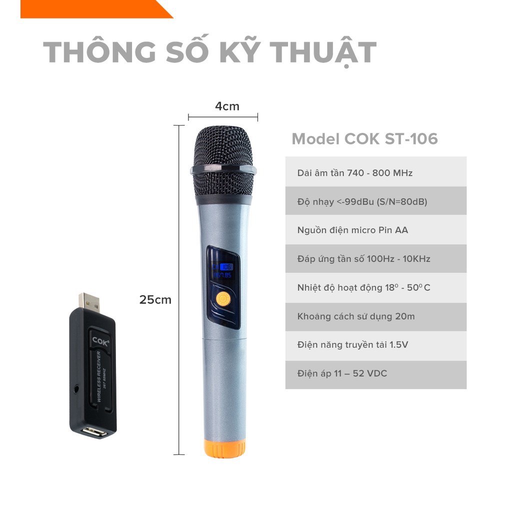 Micro không dây lẻ giá rẻ C.O.K ST-106 (1 Micro tương thích với 1 đầu thu) [Micro Karaoke dành cho loa kéo, dàn âm Ly có