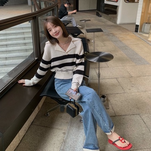 Áo kiểu ZHELIHANGFEI dệt kim cổ polo tay dài dáng ngắn rộng họa tiết kẻ sọc dễ phối đồ thời trang