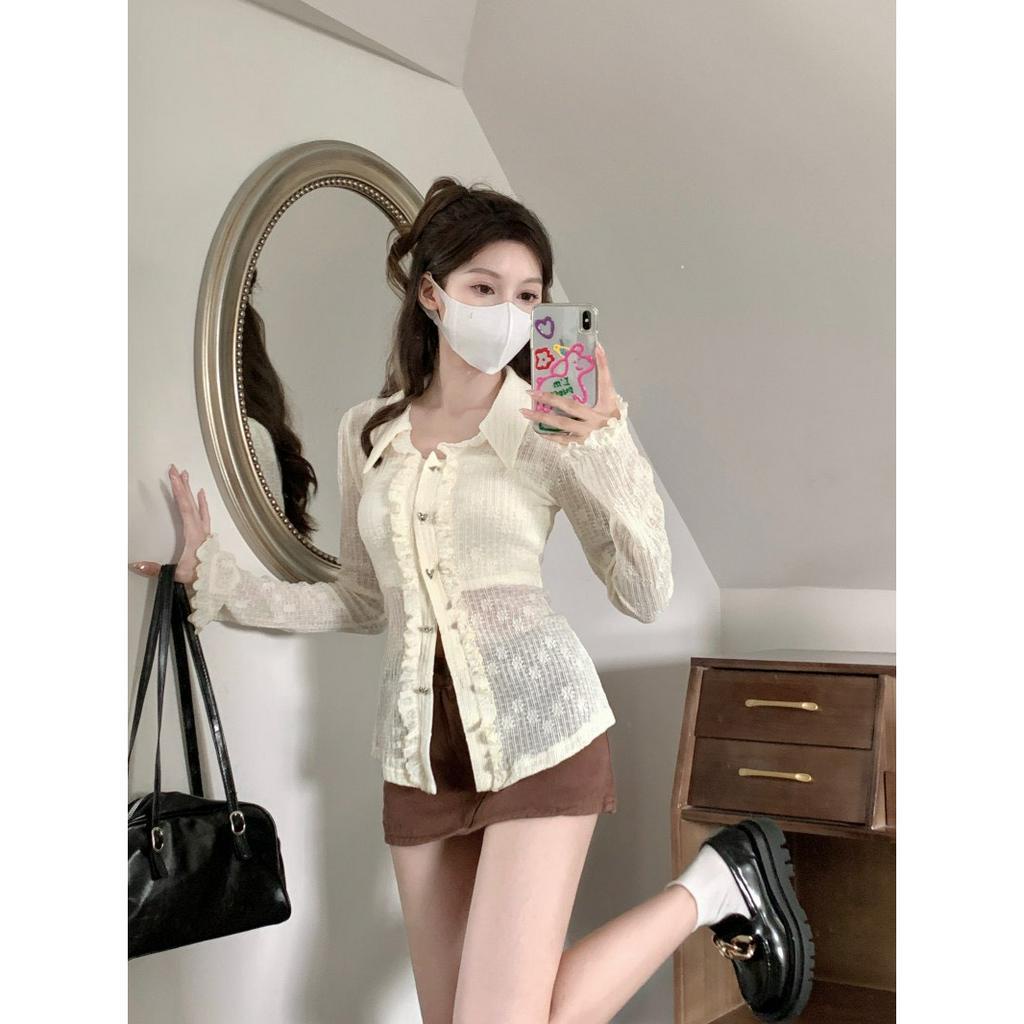 Set áo sơ mi trắng ren tay dài bèo + chân váy nâu chữ A