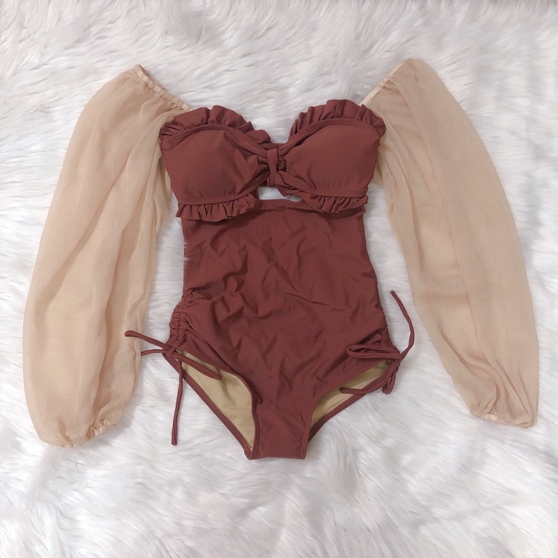 [BIKINI CAO CẤP] Bikini Đồ bơi liền mảnh công chúa tay bồng ren ánh kim màu hồng đất baby
