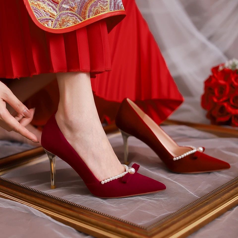 Giày Cao Gót Hai Cách Mang Màu Đỏ Thời Trang Mùa Thu Mới Dành Cho Cô Dâu