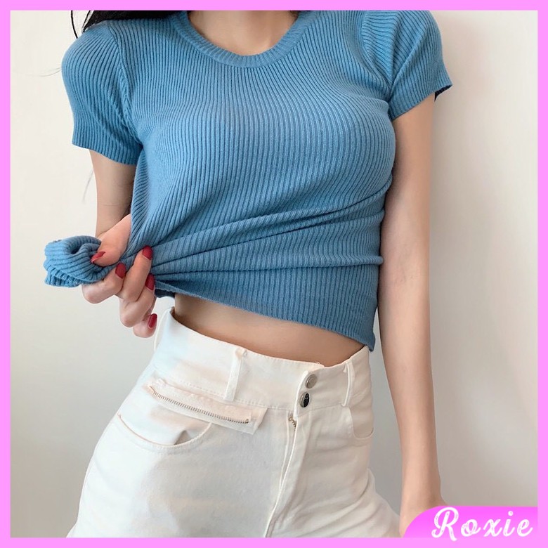 Áo len tăm nữ dáng ôm body ngắn tay cổ tròn phong cách ulzzang Hàn Quốc - Roxie