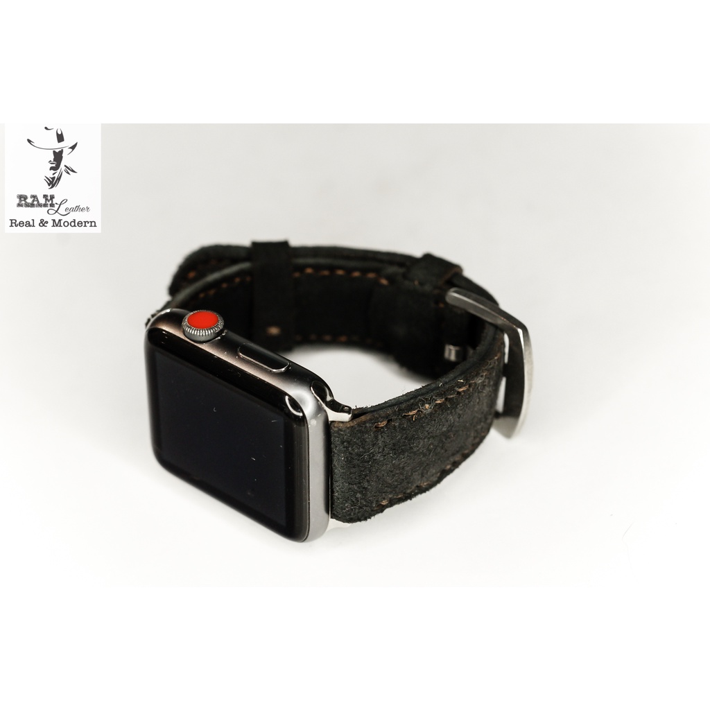Dây đồng hồ da bò lộn đen RAM Leather Classic 1966 handmade bền chắc cao cấp - tặng khóa chốt và adapter