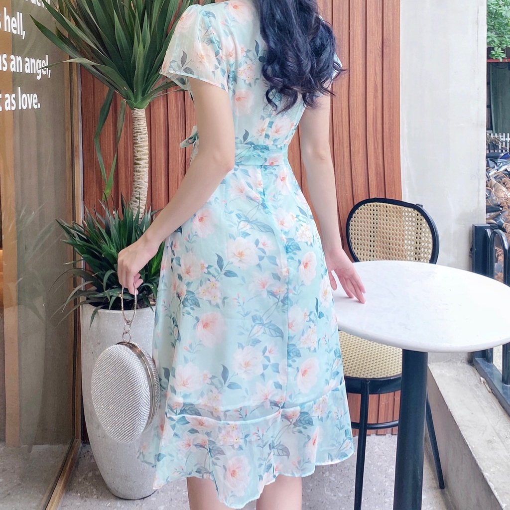 Đầm Váy tơ hoa cổ tim lệch tiểu thư V1274