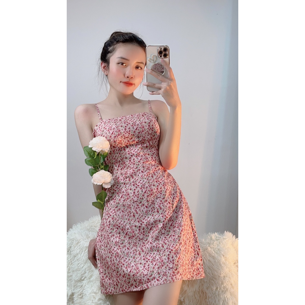 Váy Hai Dây Hoa Nhí Hồng Kèm Áo Cardigan Len Tăm Mỏng HT29 HaLuu Store Phù Hợp Cho Nữ