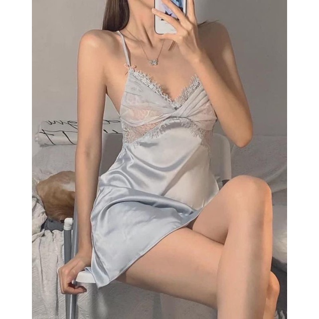 VN20 váy ngủ đầm ngủ lụa ren xoắn ngực