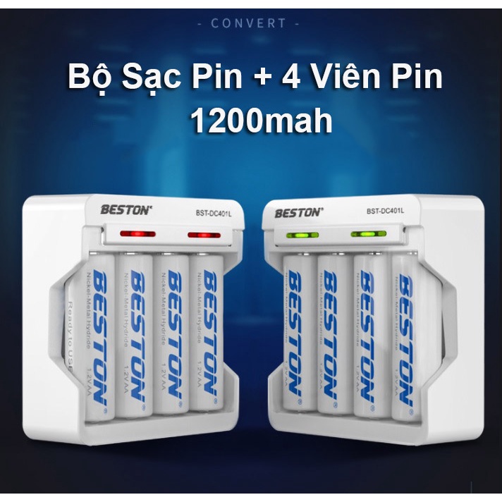 Bộ Sạc Pin Đa Năng AA ,AAA Beston Chính Hãng Kèm 4 Viên (1200 , 2000mah)
