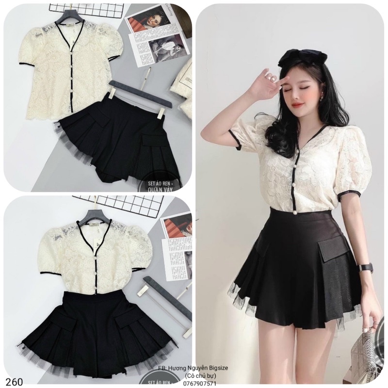60-95kg Bigsize SET ÁO REN + CHÂN VÁY PHỐI LƯỚI (Ms 1205)