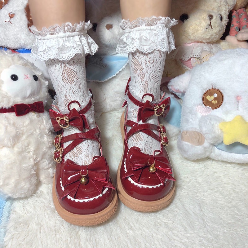 Giày Da Mũi Tròn Màu Đỏ Rượu Vang Phong Cách lolita Nhật Bản Dễ Phối Đồ Cho Nữ