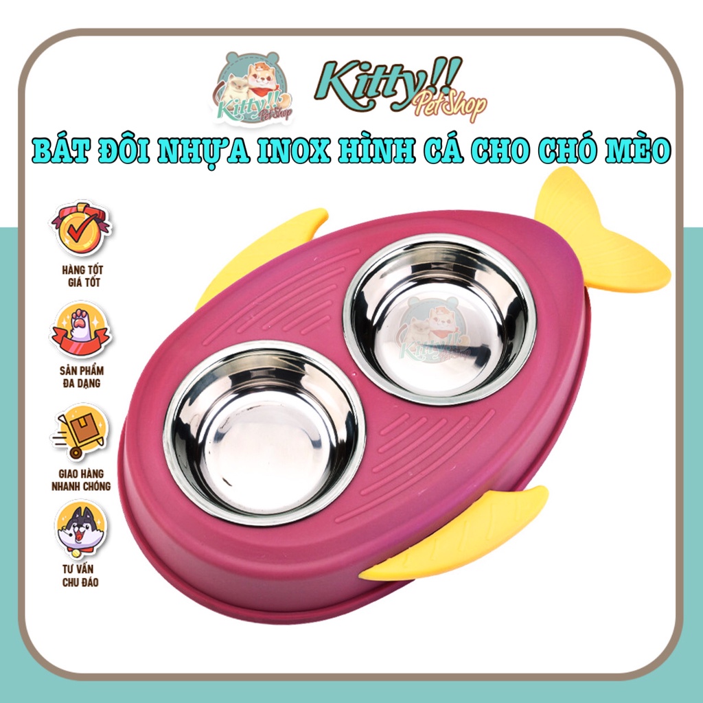 Bát ăn đôi inox hình con cá cho chó mèo, chén ăn, bát ăn,đẹp, chống lật đổ cho thú cưng, Kitty Pet Shop BMT