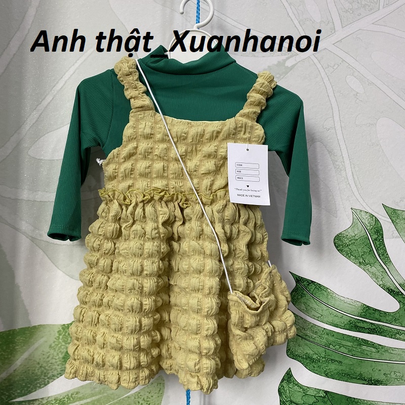 Váy bé gái đũi xốp nhăn váy 2 dây yếm và áo rời kèm túi đeo chéo XHN1058