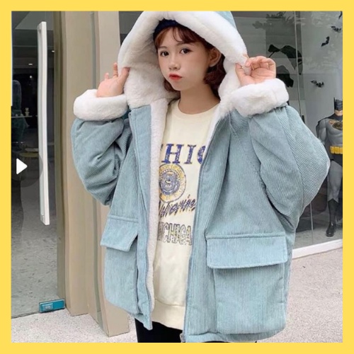 Áo khoác nhung lót lông túi hộp - Áo khoác nhung nữ có mũ form rộng phong cách Hàn Quốc - MIUMIU CLOTHINGS