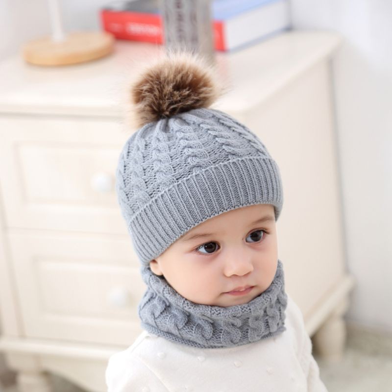 Set nón len beanie + khăn choàng cổ len màu trơn ấm áp dành cho bé