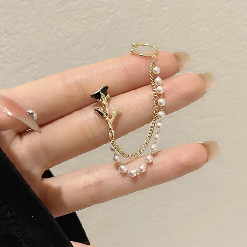 Khuyên Tai Chuỗi Đính Hoa Hồng Ngọc Trai Phong Cách Cổ Điển