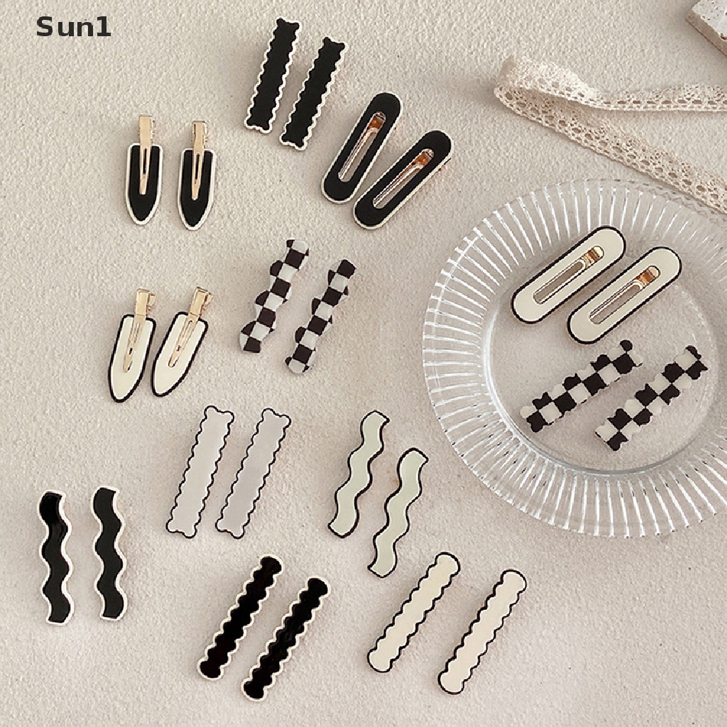 Set 2 / 4 Kẹp Tóc Kim Loại Họa Tiết Hình Học Trắng Đen Thanh Lịch Cho Nữ