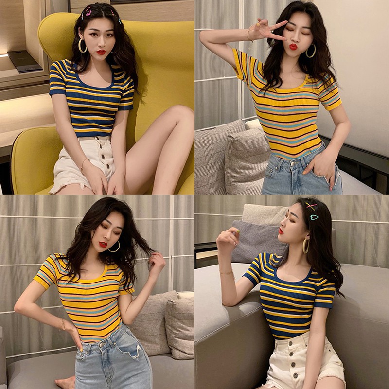 Korean U-neck Color Striped Short Knit Short-Sleeved T-shirt