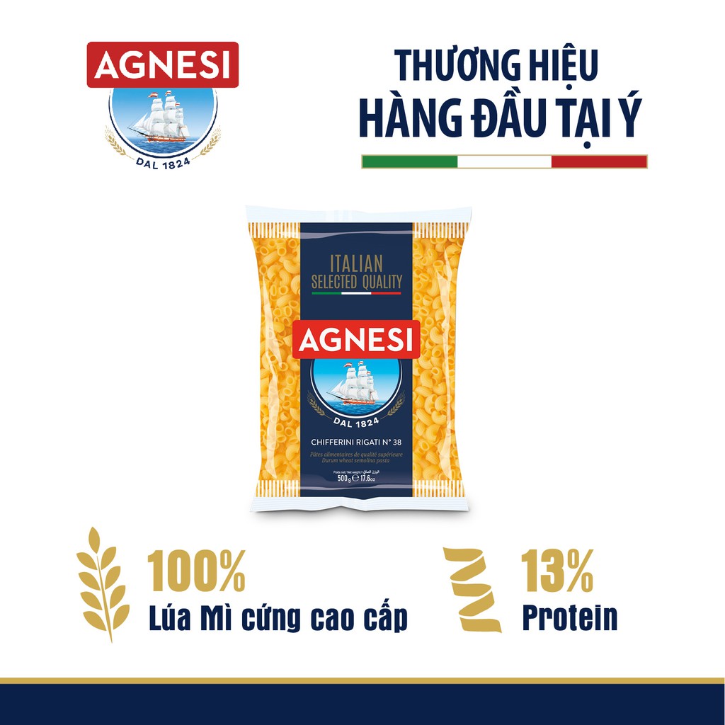 Nui Chifferini Rigate Agnesi 500g, dùng lúa mì durum cao cấp giữ sốt, không gãy và dính