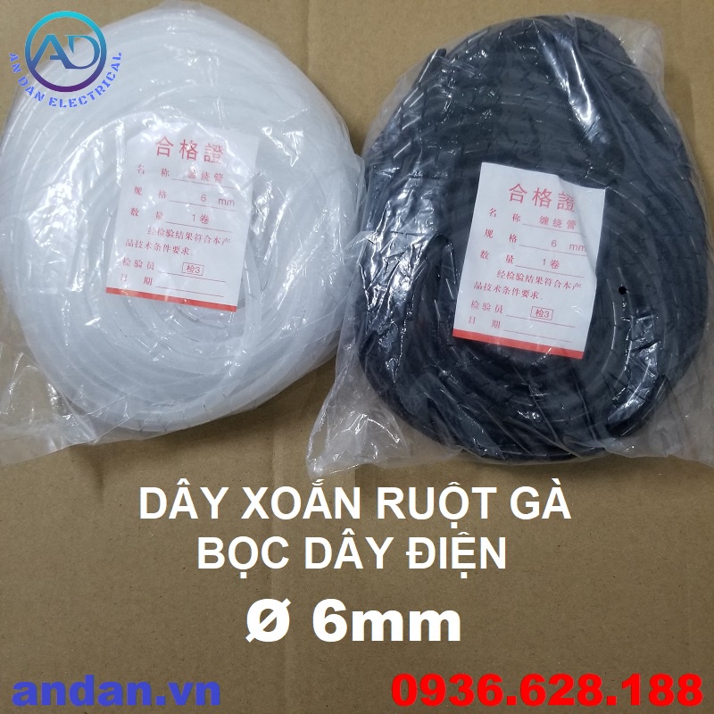 Dây xoắn ruột gà bọc dây điện phi 6, 8, 10, 12, 16, 20, 25, Dây Xoắn nhựa, Ruột Gà Đen - Trắng
