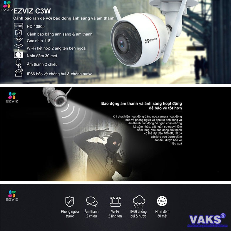 CAMERA WI-FI QUAN SÁT HỒNG NGOẠI (NGOÀI TRỜI) EZVIZ C3W Full HD 1080p, Chính hãng thương hiệu Mỹ.