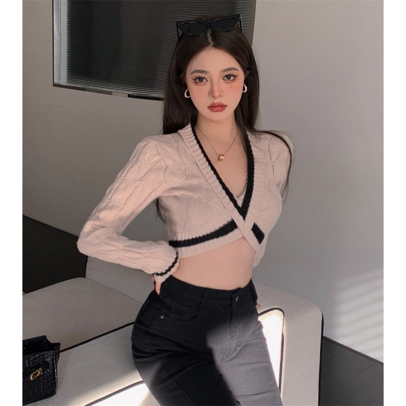 QKOOLE  Áo sweater tay dài cổ chữ V kiểu ngắn thời trang Hàn Quốc quyến rũ cho nữ