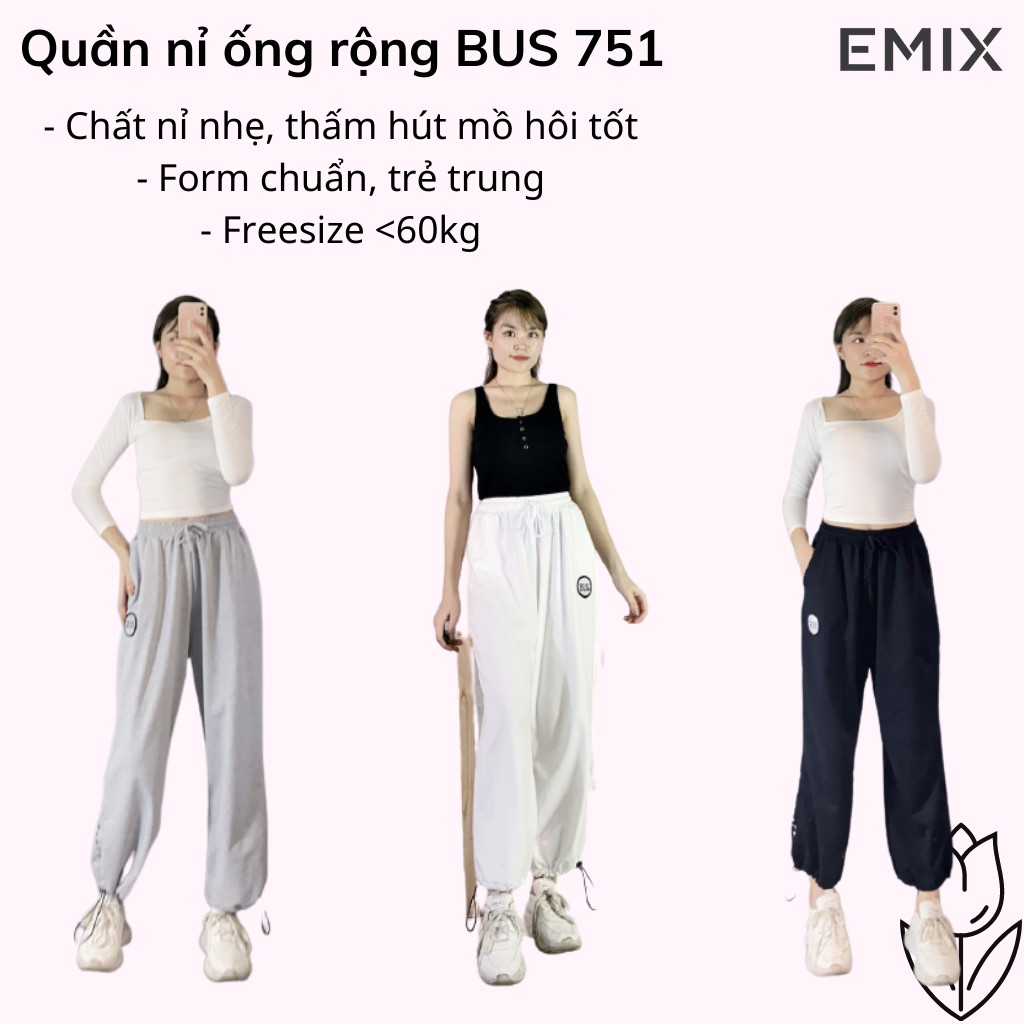 Quần nỉ nữ ống rộng EMIX (2 màu), dáng dài, lưng chun, bo gấu, form thụng, vải nỉ, mềm mịn, không bai xù