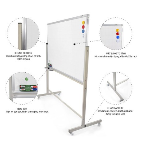 Bảng từ trắng dài 2.4 m rộng 1.2 m di động viết bút - kẻ ô ly rõ nét - hút nam châm