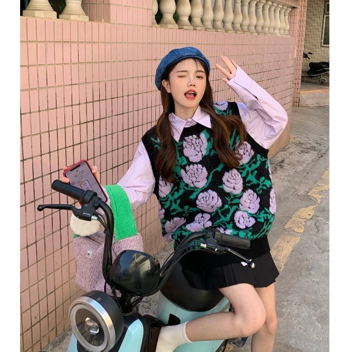 Set Áo Sơ Mi Form Rộng Họa Tiết Hoa Và Áo Len Không Tay Thời Trang Cho Nữ