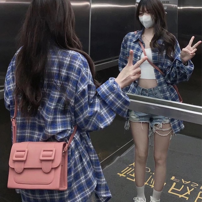 Áo sơ mi ZHELIHANGFEI dáng rộng cổ polo họa tiết kẻ sọc caro phong cách Mỹ thời trang dễ phối đồ