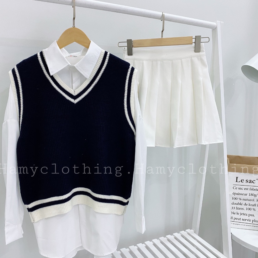 Áo Gile nữ len HaMy A-50 viền trơn vải len dáng Hàn trẻ trung xanh đen nâu đỏ ghi