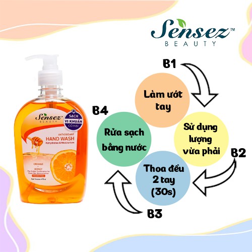 Nước Rửa Tay Chai Dưỡng Da Diệt Khuẩn Sensez Beauty Xà Bông Rửa Tay Dưỡng Ẩm Mềm Da 475ml - Hương Cam