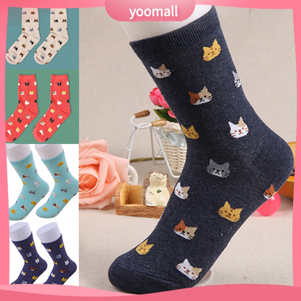 Vớ cotton nữ cổ cao họa tiết mèo hoạt hình đáng yêu thời trang thu đông