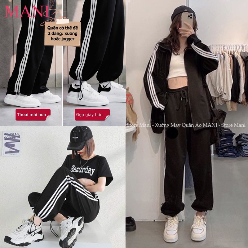 Quần thể thao ống rộng nữ viền kẻ 3 sọc trắng có dây rút gấu chất vải Umi Quần jogger ống rộng nữ mặc đi học thể dục - H
