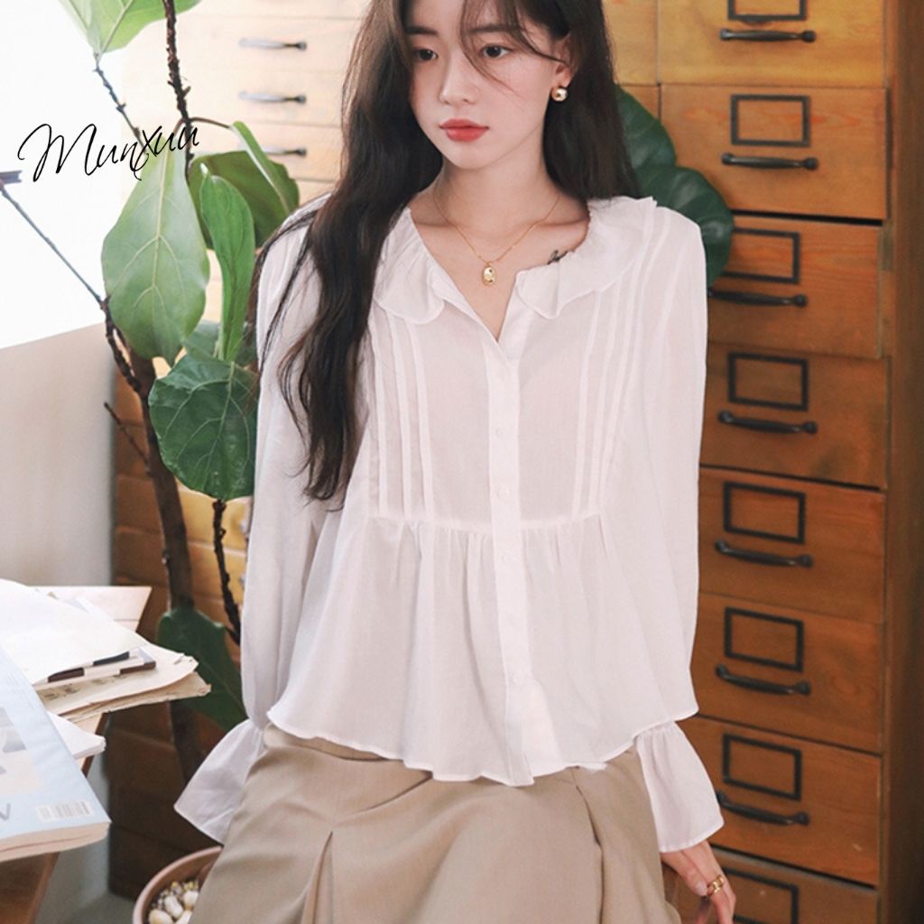 Áo sơ mi trắng nữ cổ bèo tay phồng Munxuu nhẹ nhàng thanh lịch, thời trang Ulzzang Hàn Quốc - SP48