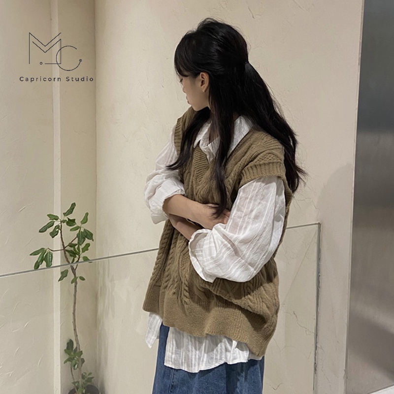 Áo gile len vặn thừng màu nâu tây phong cách retro thanh lịch cho mùa thu