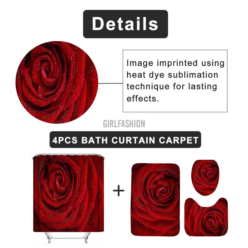 Red Rose Waterproof Polyester Shower Curtain Bathroom Toilet Seat Cover Mat Kit