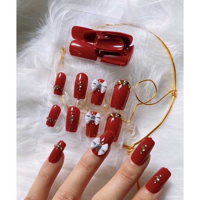 Móng Tay Giả Đính Đá Nơ 24 Móng Đính Đá Kèm Keo màu đỏ