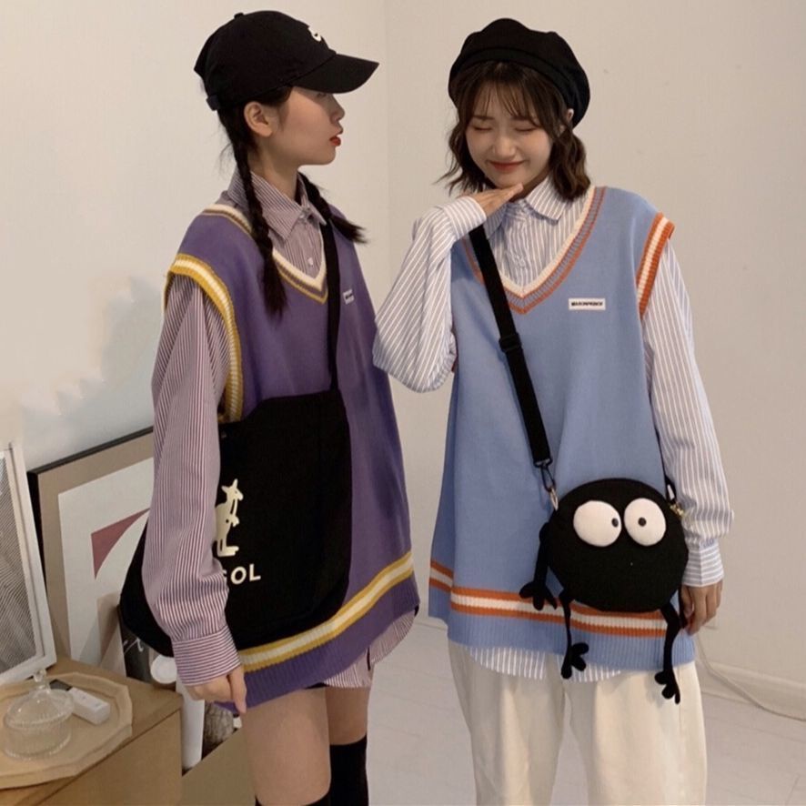 Set áo len không tay dáng rộng + áo sơ mi dài tay thời trang dành cho nữ