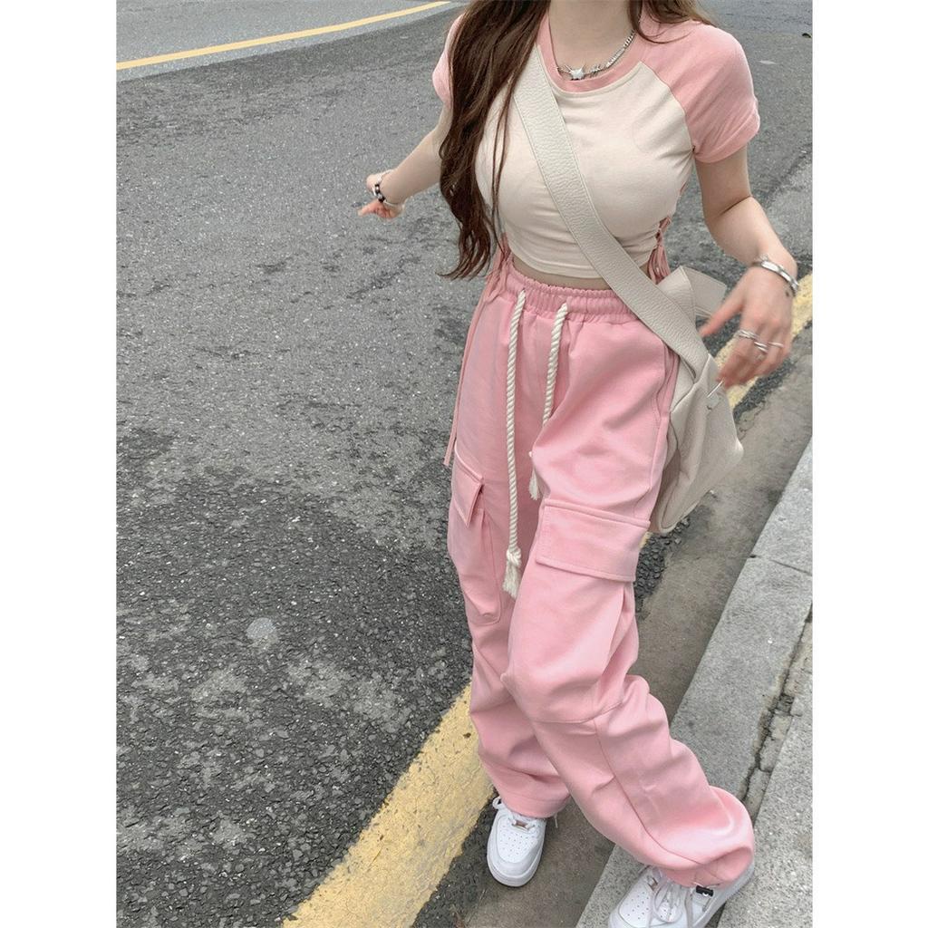 SET CROPTOP RAPLAN ĐAN DÂY EO QUẦN SUÔNG HỒNG TÚI HỘP (TH)