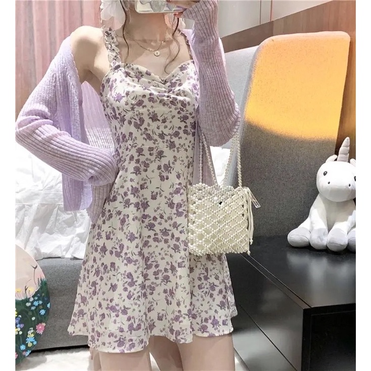 S1 Set Bộ Đầm Hoa Nhí Hai Dây Tím Nữ Tính Và Áo Khoác Mỏng Mùa Thu