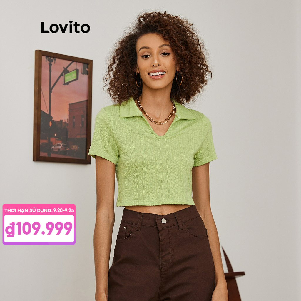 Áo thun Lovito có cổ dáng ngắn màu trơn thường ngày L19D358 (xanh lá)