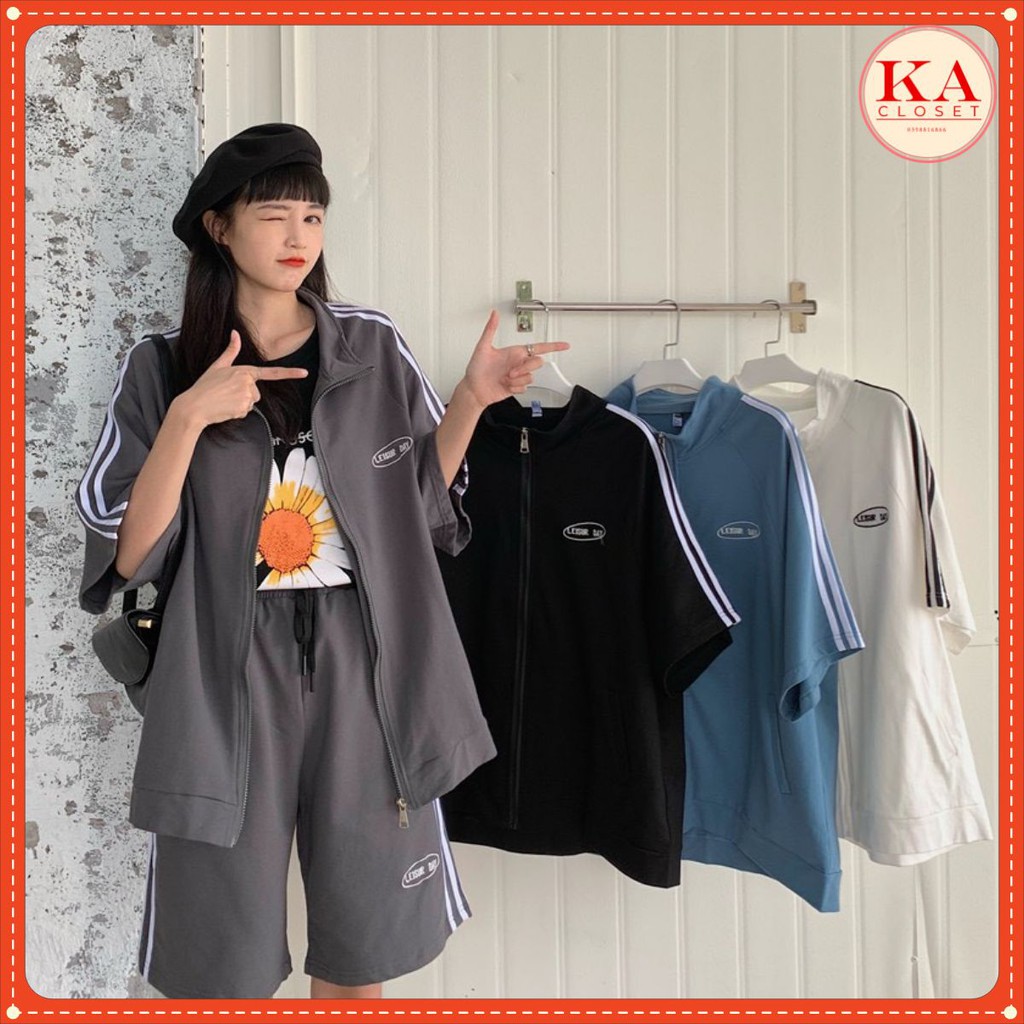 Bộ thể thao khóa 3 sọc KA CLoset vải cotton loại 1, full 4 màu: Đen, Trắng, Chì, Xanh, dáng unisex rộng đẹp FROM TO