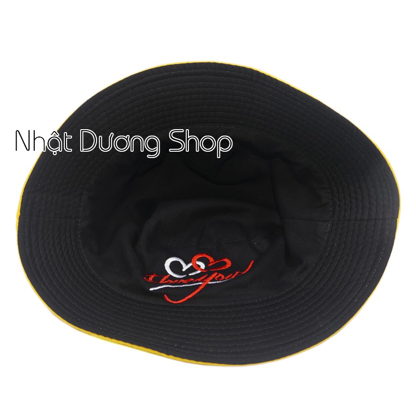Nón bucket 2 mặt thêu hình trái tim I LOVE YOU, chất liệu vải Kaki bền chắc và hợp thời trang