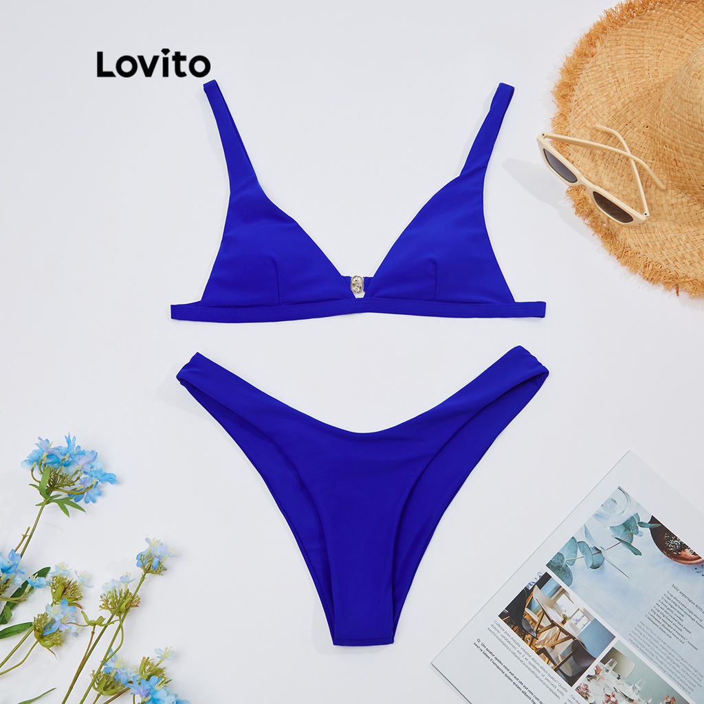 Bộ bikini Lovito cổ chữ V xẻ sâu cơ bản với miếng đệm có thể tháo rời L18X514 (Màu xanh đậm)
