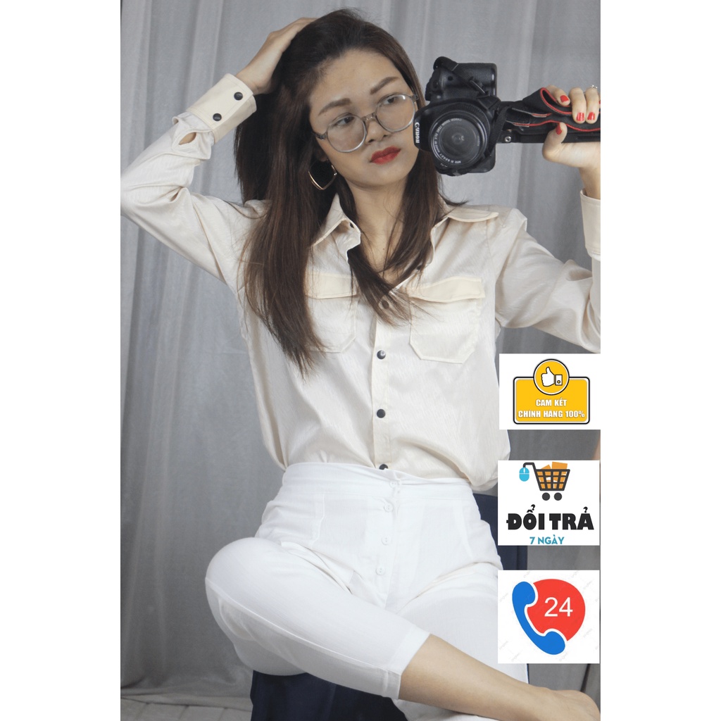 Áo sơ mi nữ NOOMISTORE phối da tay và cổ áo