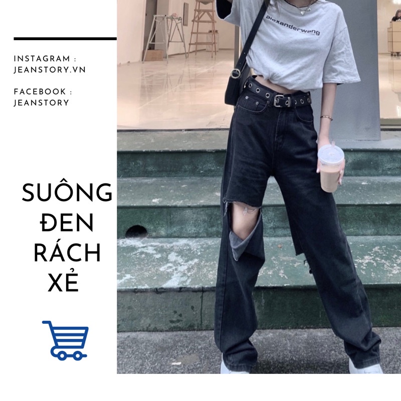 Quần Jeans Suông Đen Tiêu Rách Xẻ
