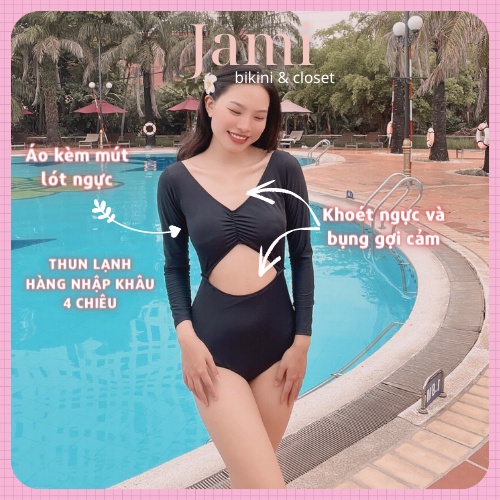 BIKINI một mảnh tay dài bodysuit đen khoét ngực HÀNG ĐẸP - jami - MOM_589