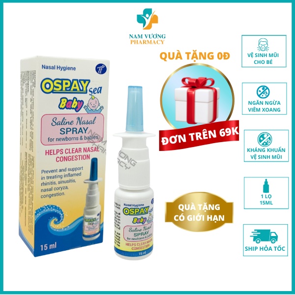 Ospay Sea Baby - Nước xịt rửa mũi, Ngăn ngừa  viêm mũi, viêm xoang, Giúp Kháng khuẩn, vệ sinh mũi cho bé - Hộp 15ml