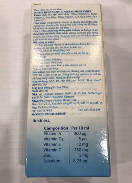 Doppelherz Kinder Immune Syrup 250ml - Miễn dịch khoẻ, mẹ bớt lo (Vitamin A,Vitamin D3,Vitamin E,Vitamin C,Zin, Selenium