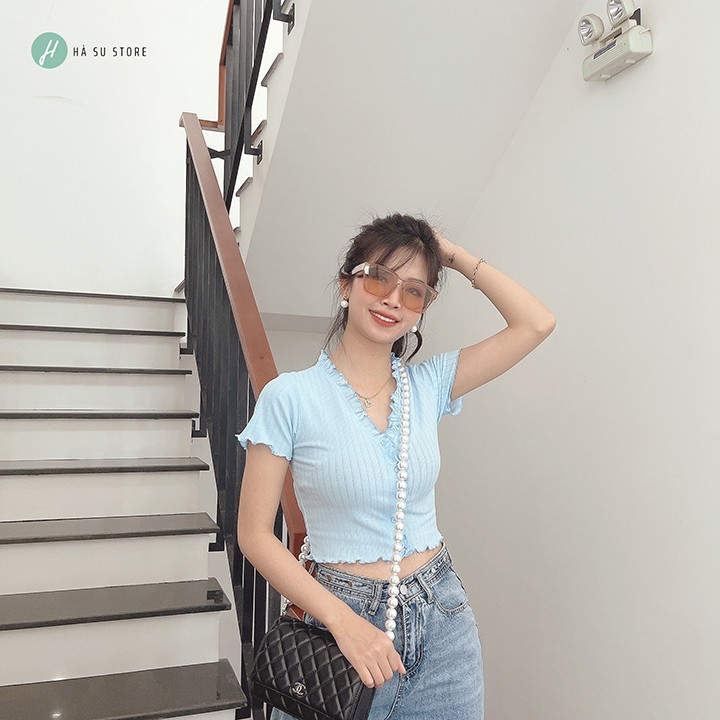 (Ảnh+ Video Thật) Áo Crotop Nữ Kiểu Thun Gân Cổ Bèo, Thiết kế kẻ trung, Năng động, Cá tính