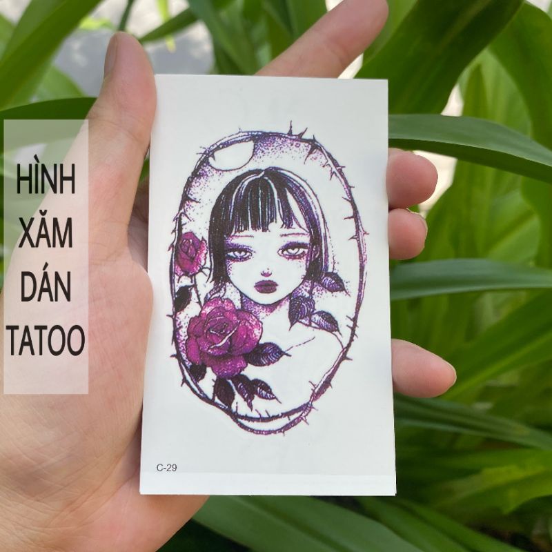 Hình xăm cô gái hoa hồng thép gai c29. Tatoo dán tạm thời size &lt;10x6cm